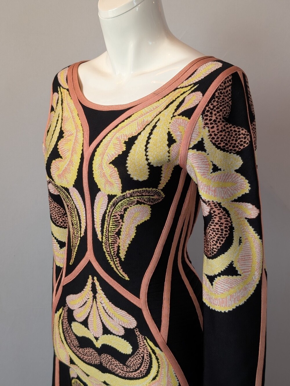 Herve Leger Black Pink Yellow Feathers Long Sleeve Patterned Bandage Dress Sz Sm